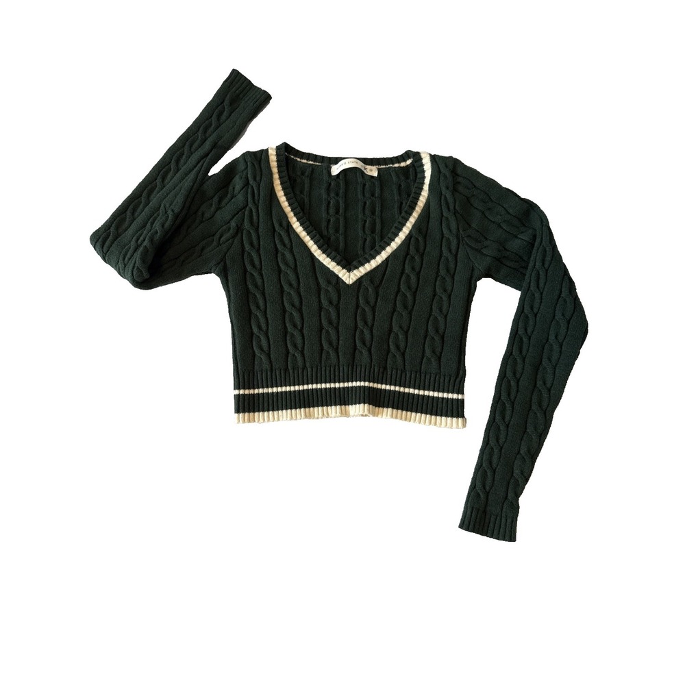 Altar'sd State Cropped Green Cable V Neck Knit Sweater XS Preppy Tenniscore Sexy